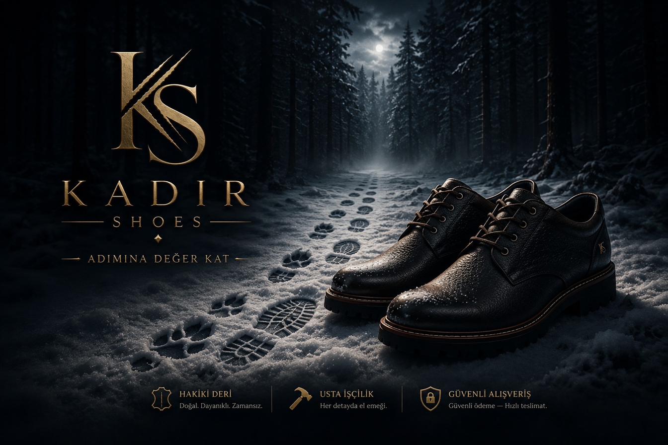 Karlı orman yolunda Kadir Shoes deri ayakkabı